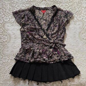 romantic coquette abstract wrap style sheer top w ruffle lace trim